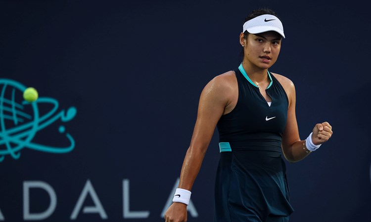 Emma Raducanu gives a fist pump while competing at the Citi Open